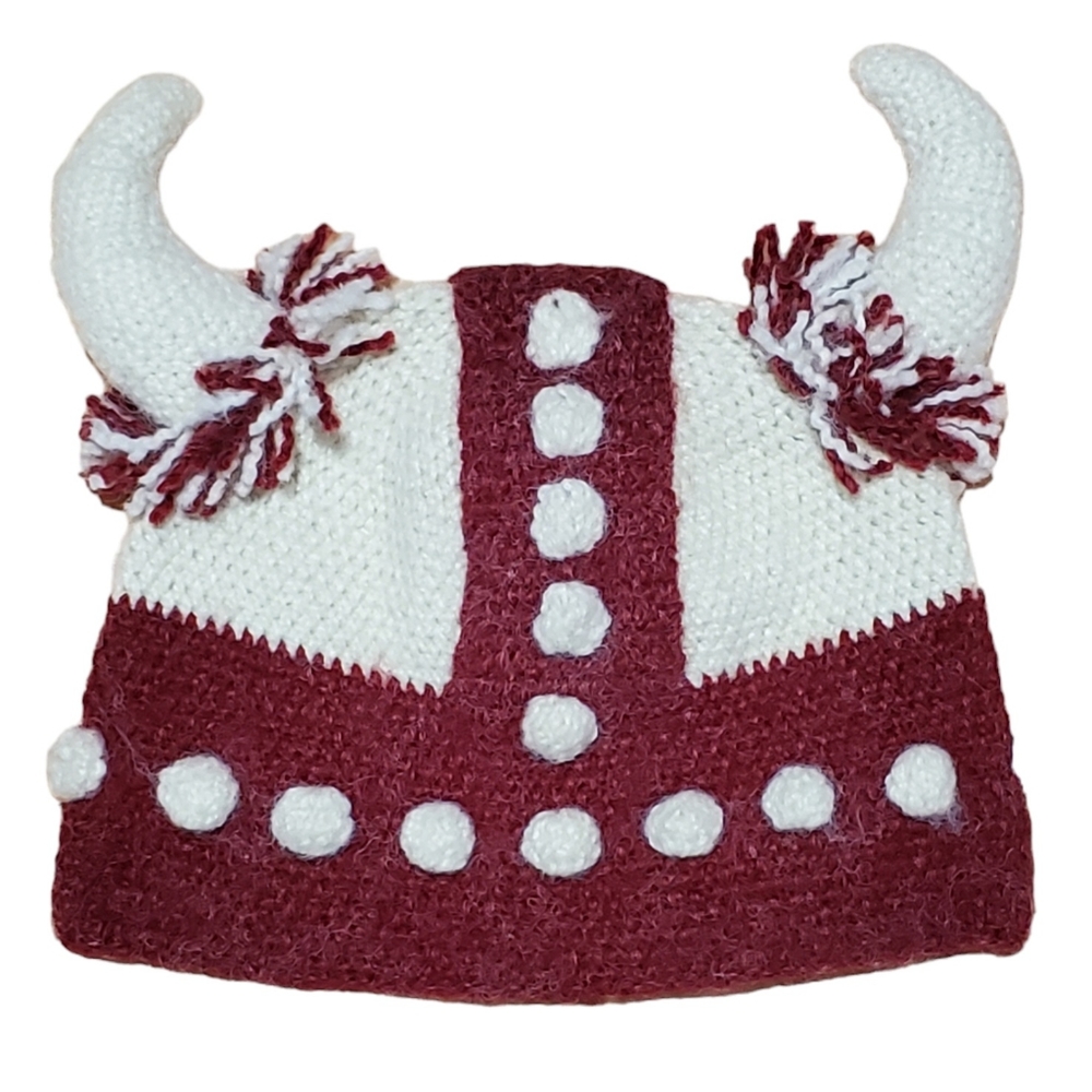 Hand Knit Horned Viking Hat- Red White